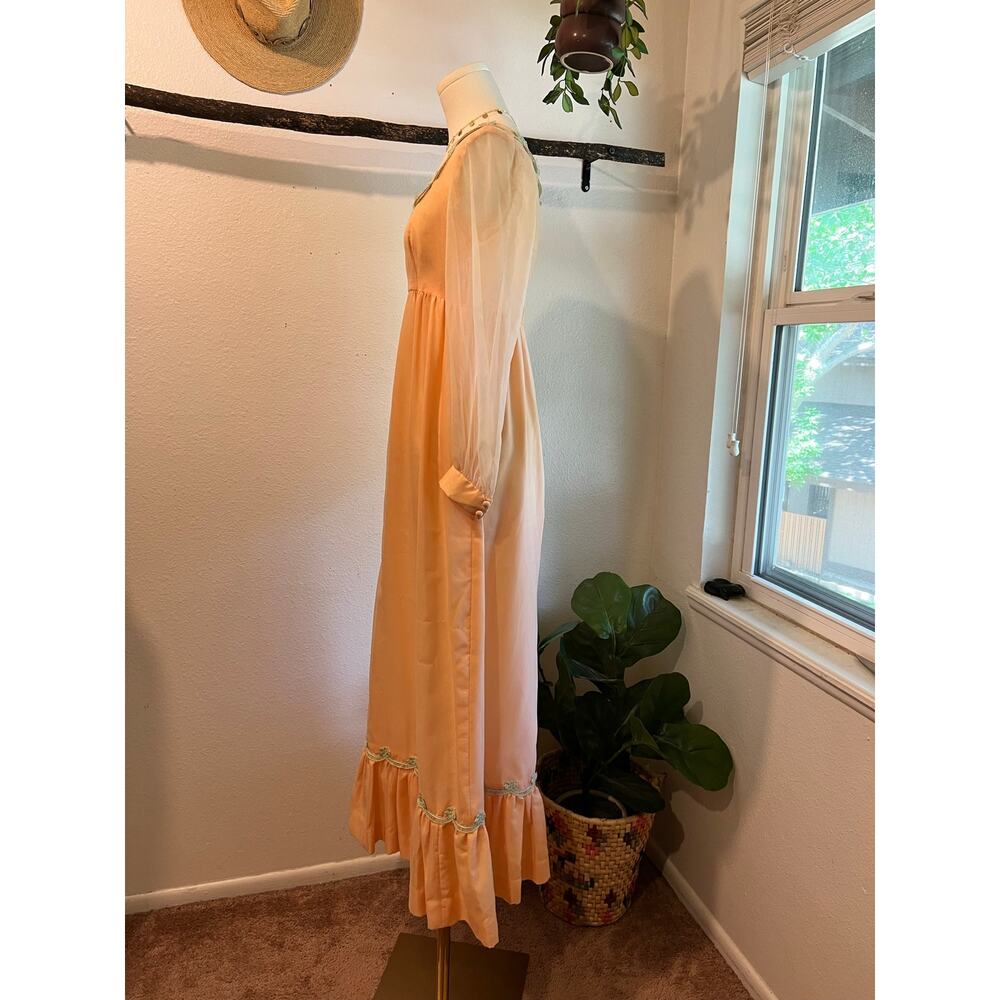 Vintage 60s Peach Green Floral Trim Princess Puffed Long Sleeve Dress Size Small - Picture 3 of 15